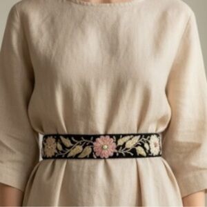 Vintage Hand Crafted Artsy Boho Black Floral Zardozi Velvet Waist Belt SZ OSFM